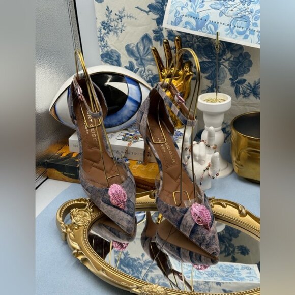 🆕 KURT GEIGER LONDON 🧿 NWOB Belgravia Pink Denim Vinyl High Heel, Sz 37 US 7 - Picture 5 of 16